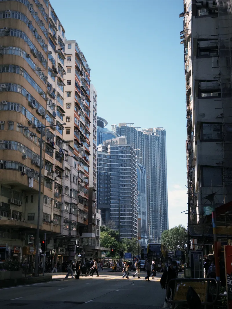 City street between high-rise buildings