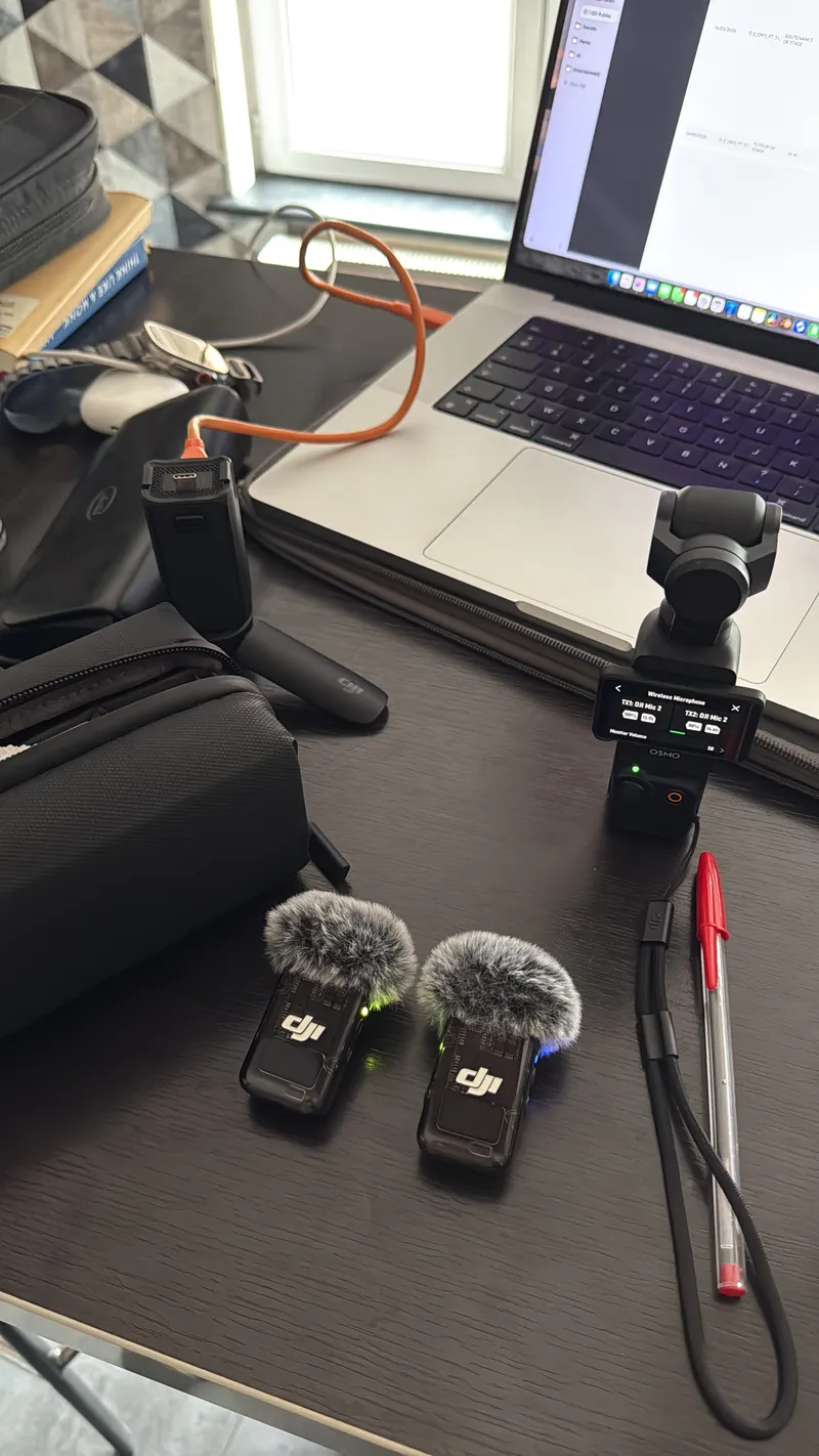 Desk with a camera and microphones