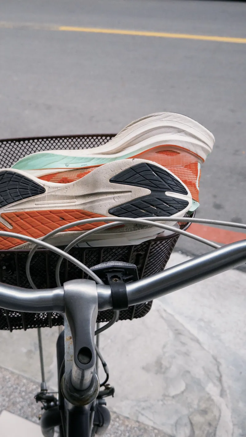 Shoe prototype on a bicycle