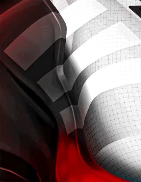 Close-up render of a mesh upper with red light
