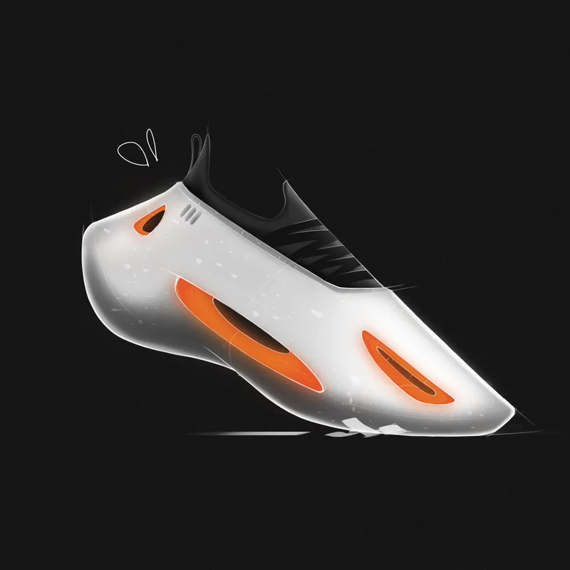 Running shoe concept render, white with orange cutouts