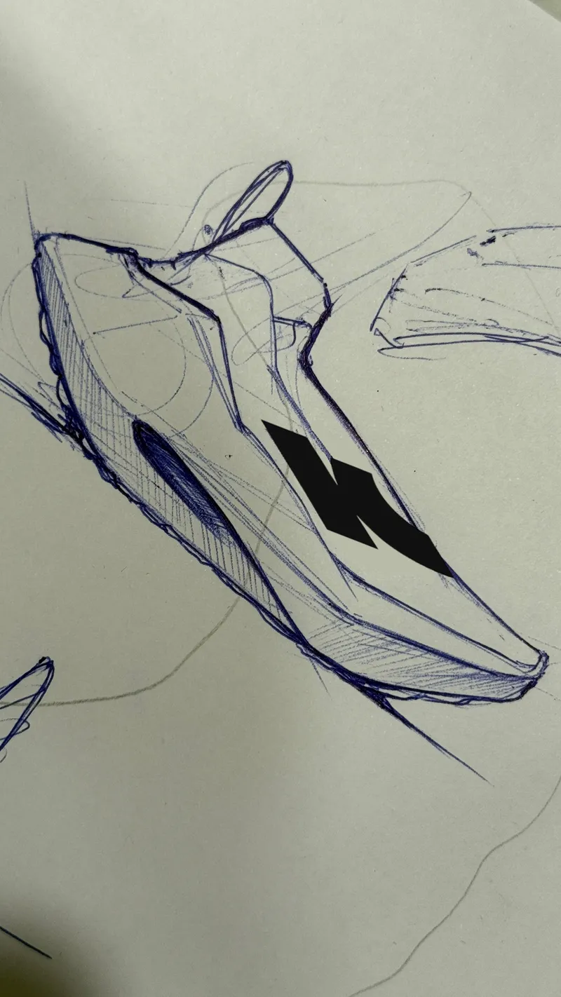 Blue pen sketch of a running shoe