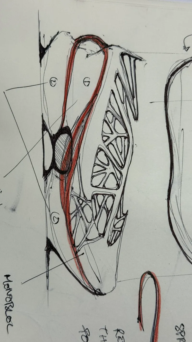 Pen sketch of a lattice upper with red lines